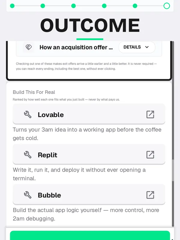 The Build This For Real panel listing Lovable, Replit and Bubble with one line each about what that tool is good for, under a note that the ranking is by fit and never by what pays.